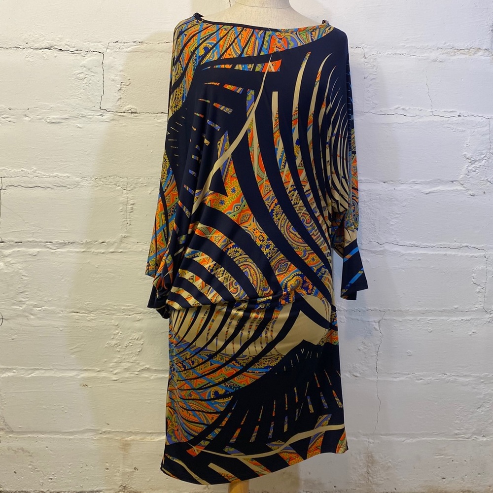 Symphony Asymmetrical Multi Colored Long Sleeve Dress w 60’s Print That Drapes